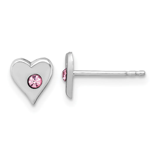 QE18247 Sterling Silver Madi K Rhodium-plated Pink Crystal Heart Childrens Post Earrings
