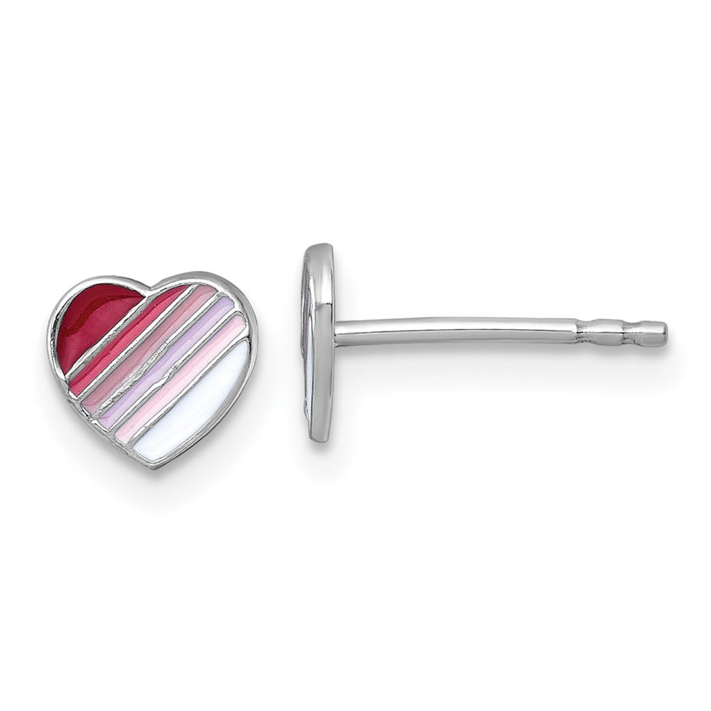 QE18249 Sterling Silver Madi K Rhodium-plated Enameled Striped Heart Childrens Post Earrings