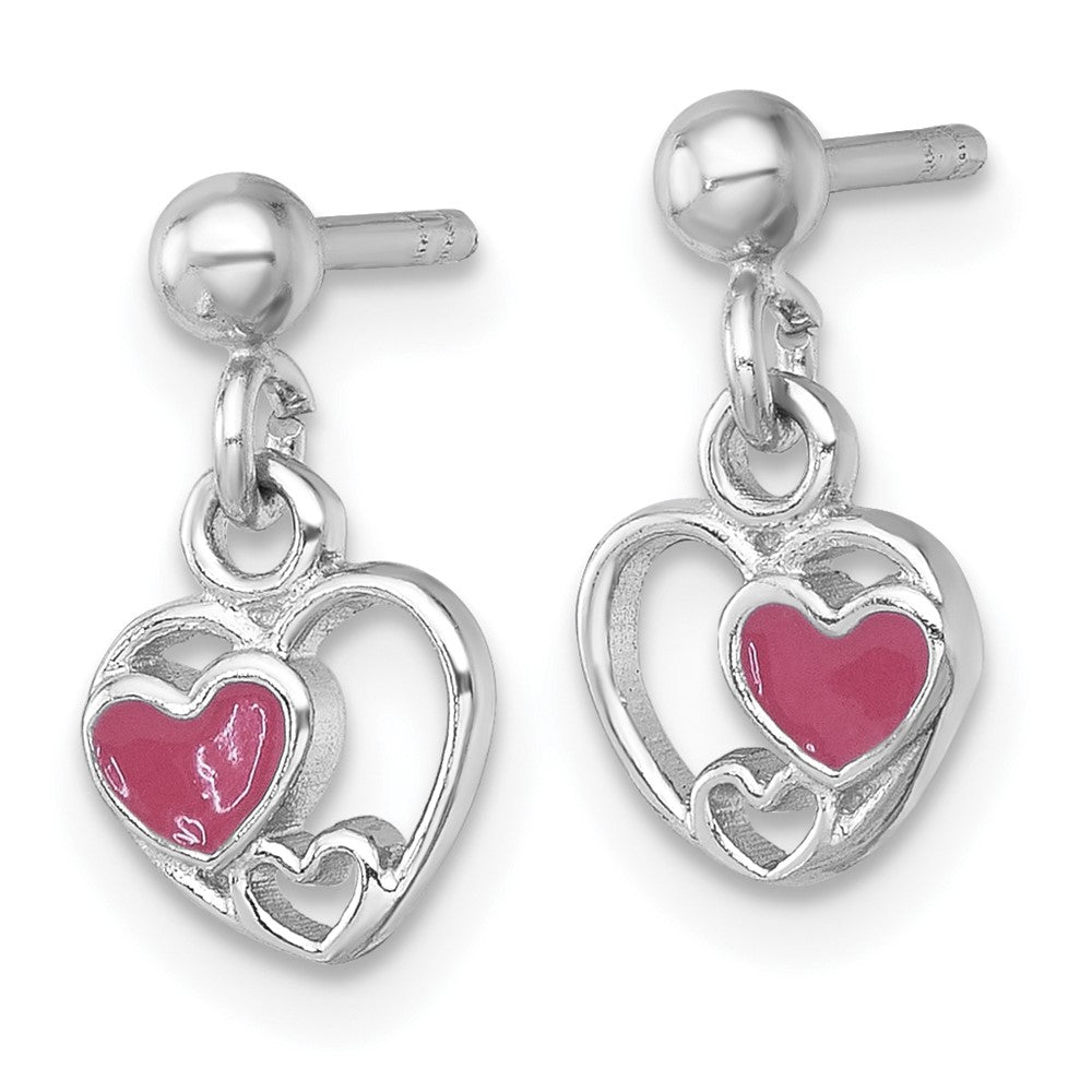 QE18250 Sterling Silver Rhodium-plated Polished with Pink Enamel Triple Heart Post Dangle Earrings
