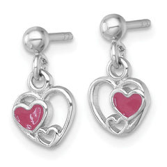 QE18250 Sterling Silver Rhodium-plated Polished with Pink Enamel Triple Heart Post Dangle Earrings
