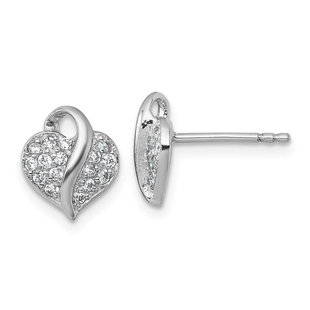 QE18251 Sterling Silver Rhodium-plated Polished Pave CZ Heart Childrens Post Earrings