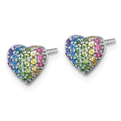 QE18254 Sterling Silver Rhodium-plated Polished Rainbow Nano Crystals Heart Shape Childrens Post Earrings