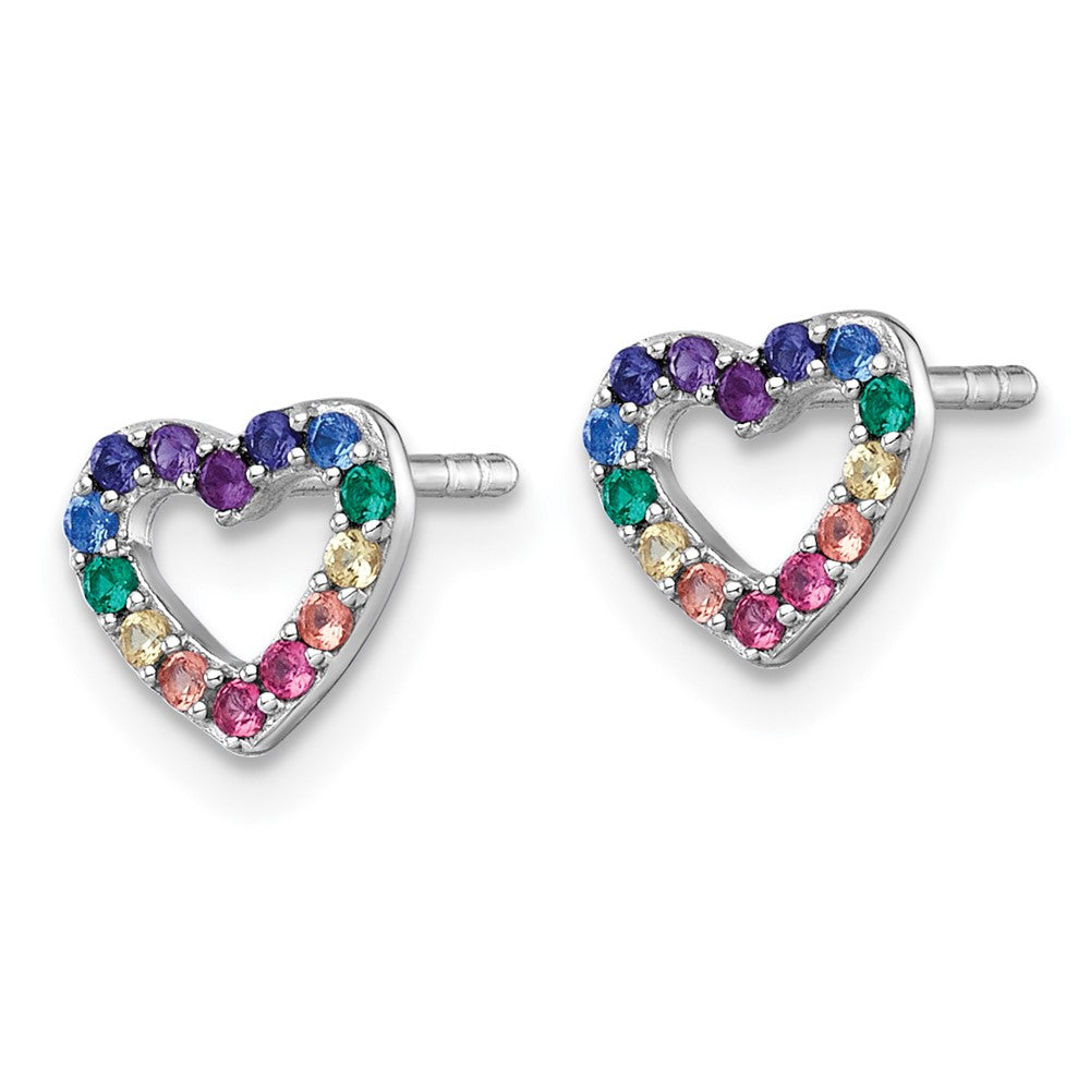 QE18255 Sterling Silver Rhodium-plated Polished Rainbow Nano Crystals Open Heart Shape Childrens Post Earrings