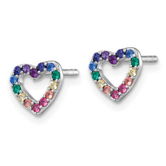 QE18255 Sterling Silver Rhodium-plated Polished Rainbow Nano Crystals Open Heart Shape Childrens Post Earrings