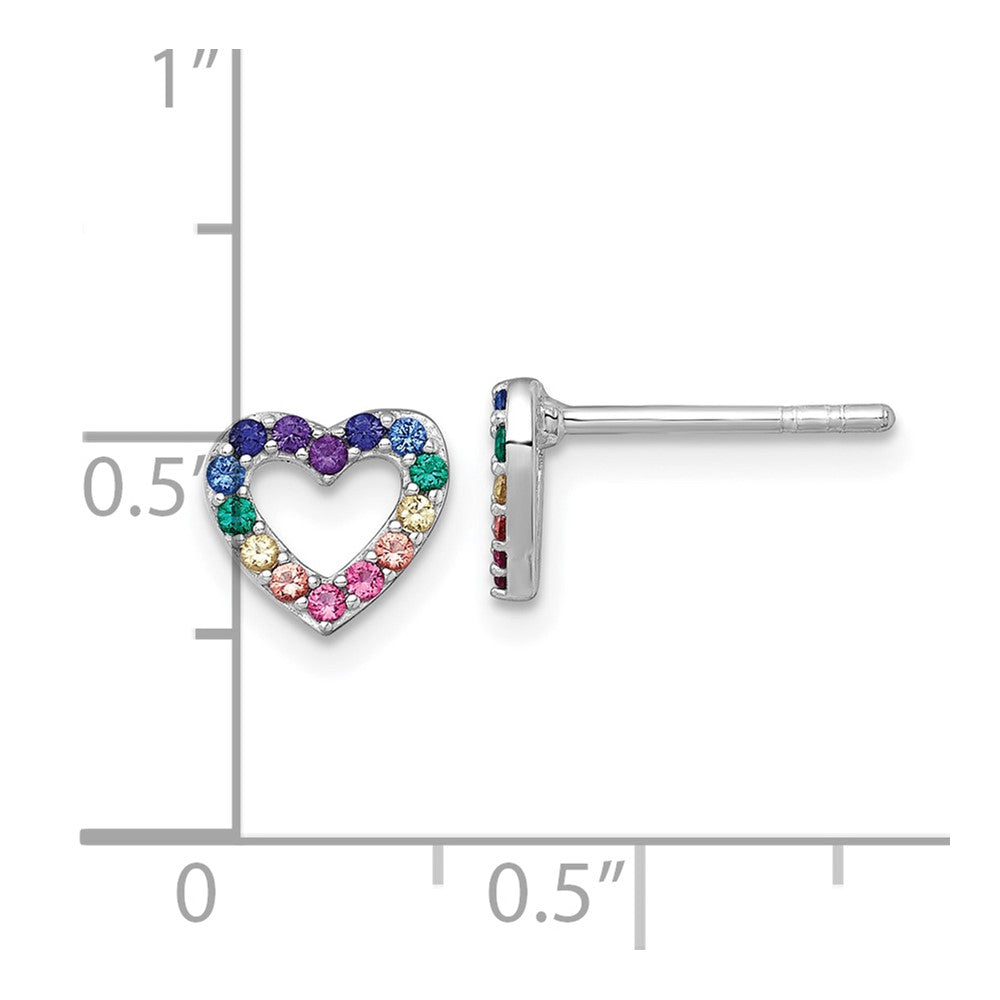 QE18255 Sterling Silver Rhodium-plated Polished Rainbow Nano Crystals Open Heart Shape Childrens Post Earrings