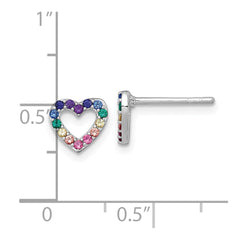 QE18255 Sterling Silver Rhodium-plated Polished Rainbow Nano Crystals Open Heart Shape Childrens Post Earrings