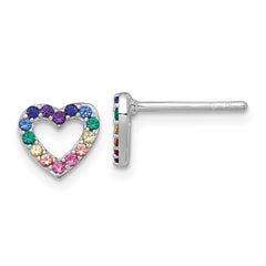 QE18255 Sterling Silver Rhodium-plated Polished Rainbow Nano Crystals Open Heart Shape Childrens Post Earrings