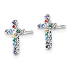 QE18256 Sterling Silver Rhodium-plated Polished Multi-color CZ Cross Post Earrings