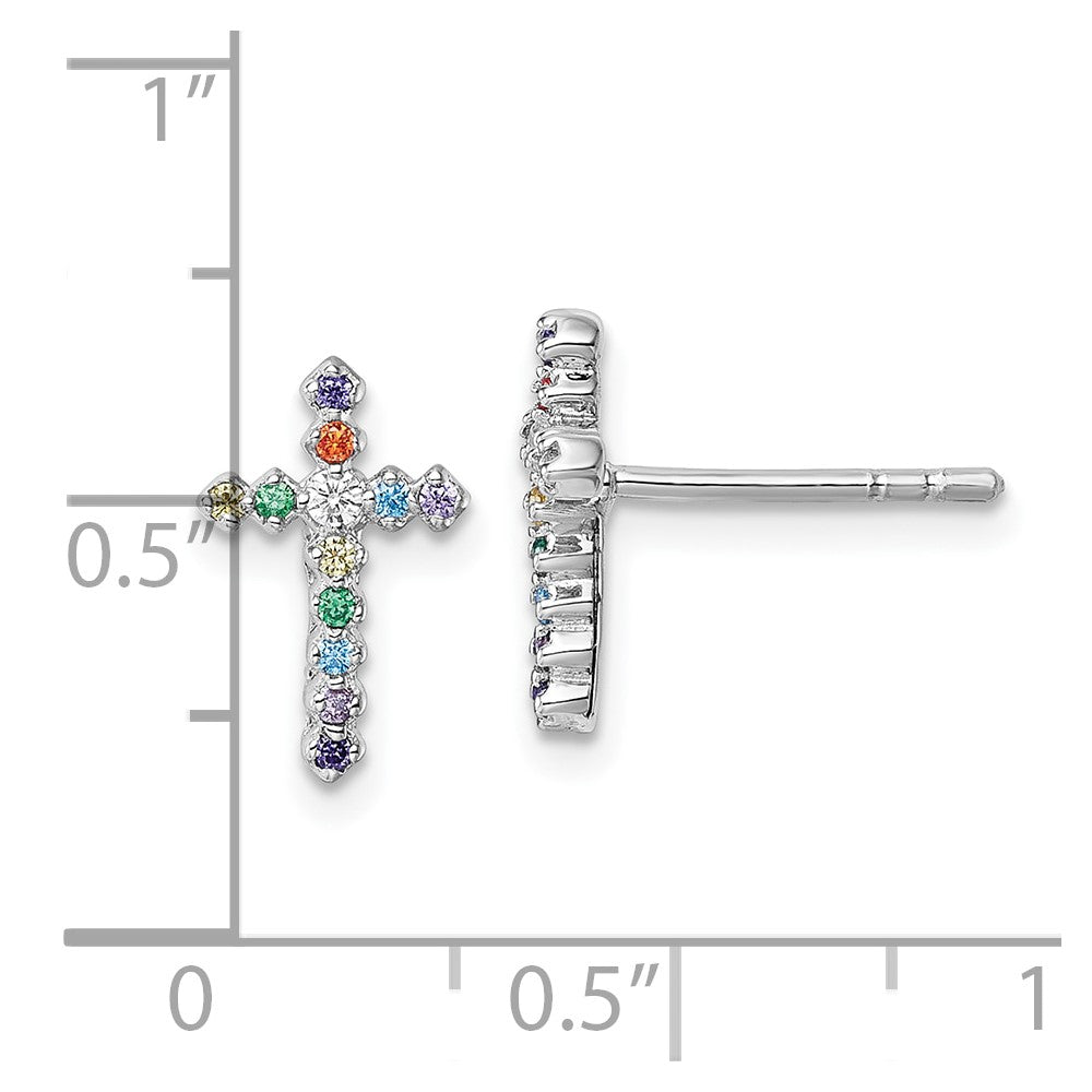 QE18256 Sterling Silver Rhodium-plated Polished Multi-color CZ Cross Post Earrings