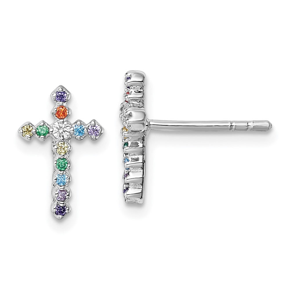 QE18256 Sterling Silver Rhodium-plated Polished Multi-color CZ Cross Post Earrings