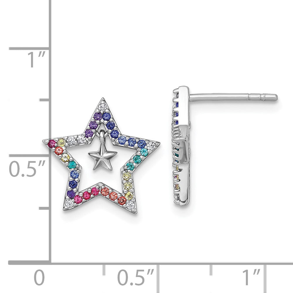QE18258 Sterling Silver Rhodium-plated Polished Rainbow Nano Crystals Star with Mini Star Dangle Childrens Post Earrings