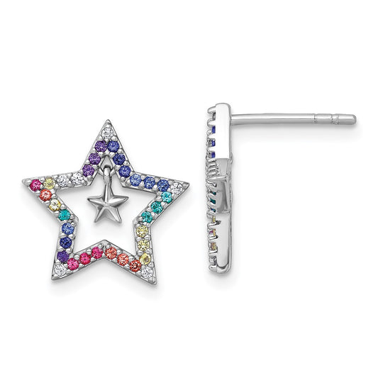 QE18258 Sterling Silver Rhodium-plated Polished Rainbow Nano Crystals Star with Mini Star Dangle Childrens Post Earrings