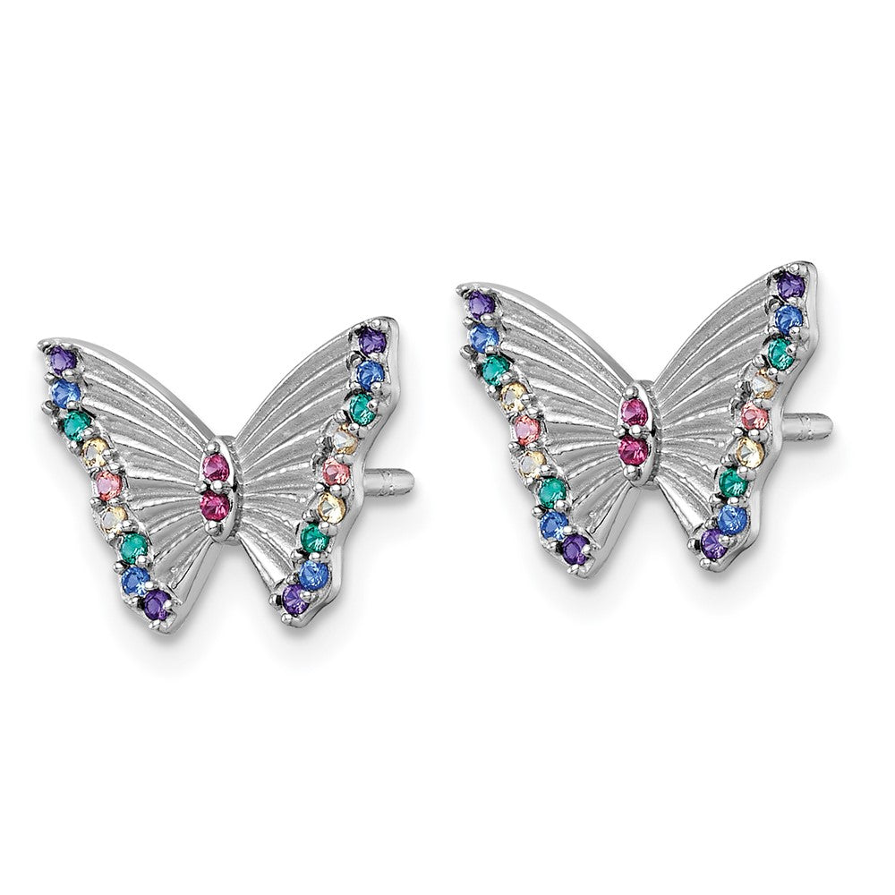 QE18261 Sterling Silver Rhodium-plated Polished Rainbow Nano Crystals Butterfly Childrens Post Earrings