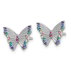 QE18261 Sterling Silver Rhodium-plated Polished Rainbow Nano Crystals Butterfly Childrens Post Earrings
