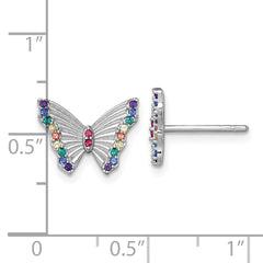 QE18261 Sterling Silver Rhodium-plated Polished Rainbow Nano Crystals Butterfly Childrens Post Earrings