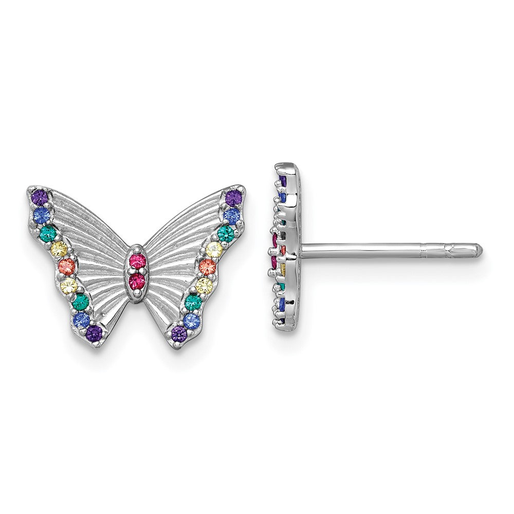 QE18261 Sterling Silver Rhodium-plated Polished Rainbow Nano Crystals Butterfly Childrens Post Earrings