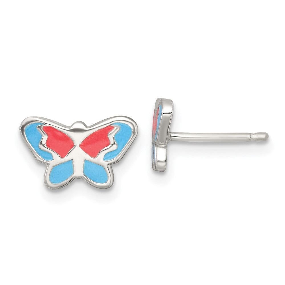 QE18262 Sterling Silver Polished Orange and Blue Enameled Butterfly Childrens Post Earrings