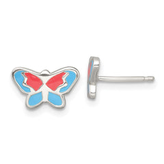 QE18262 Sterling Silver Polished Orange and Blue Enameled Butterfly Childrens Post Earrings