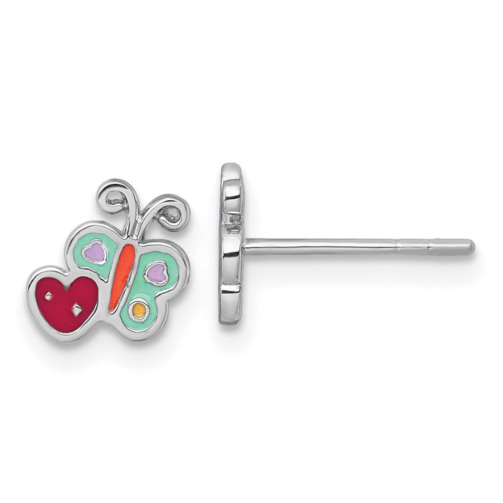 QE18263 Sterling Silver Rhodium-plated Polished Green/Yellow/Orange/Red Enamel Butterfly And Heart Childrens Post Earrings