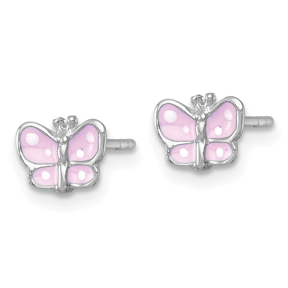 QE18264 Sterling Silver Madi K Rhodium-plated Enameled Pink Butterfly Childrens Post Earrings