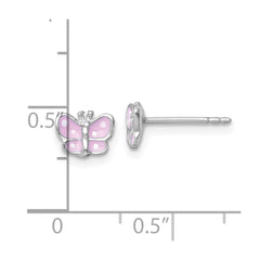 QE18264 Sterling Silver Madi K Rhodium-plated Enameled Pink Butterfly Childrens Post Earrings