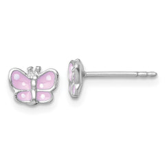 QE18264 Sterling Silver Madi K Rhodium-plated Enameled Pink Butterfly Childrens Post Earrings