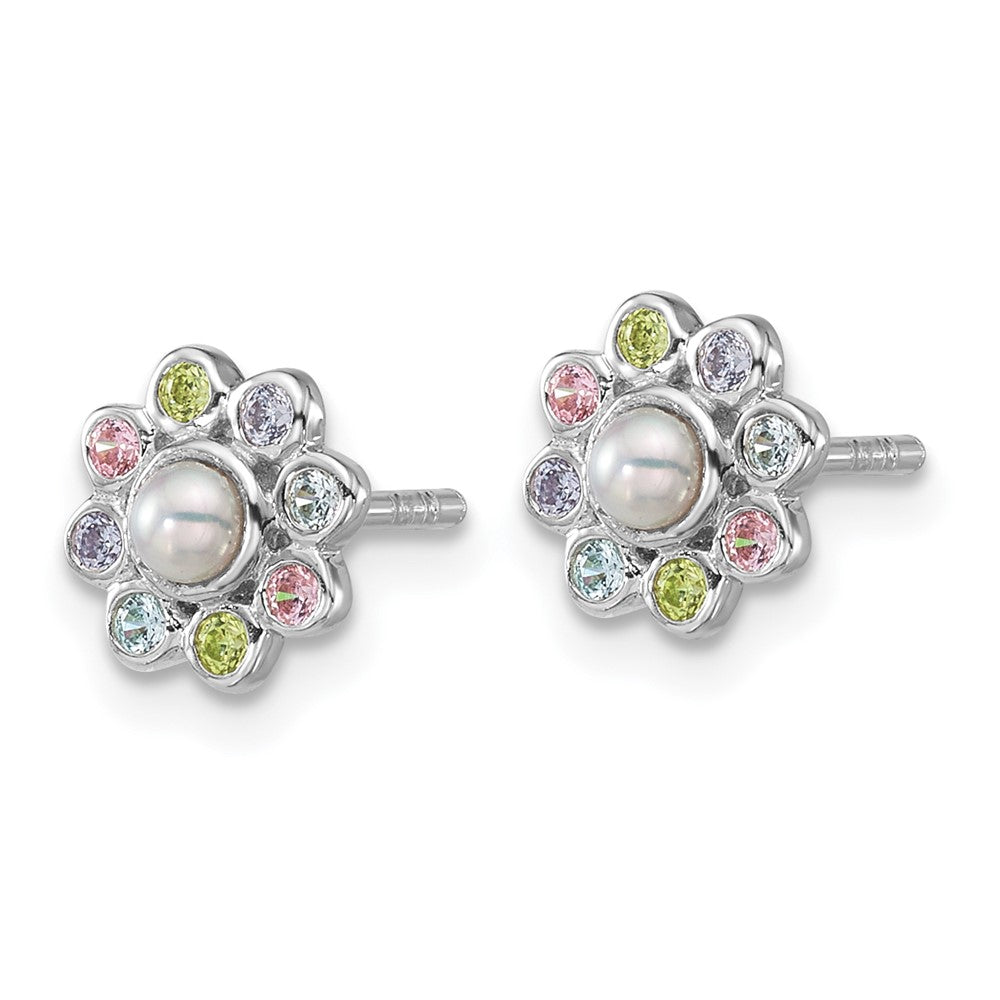 QE18266 Sterling Silver Rhodium-plated Polished Green, Pink, Blue and Purple CZ and Freshwater Cultured Pearl Flower Post Earrings