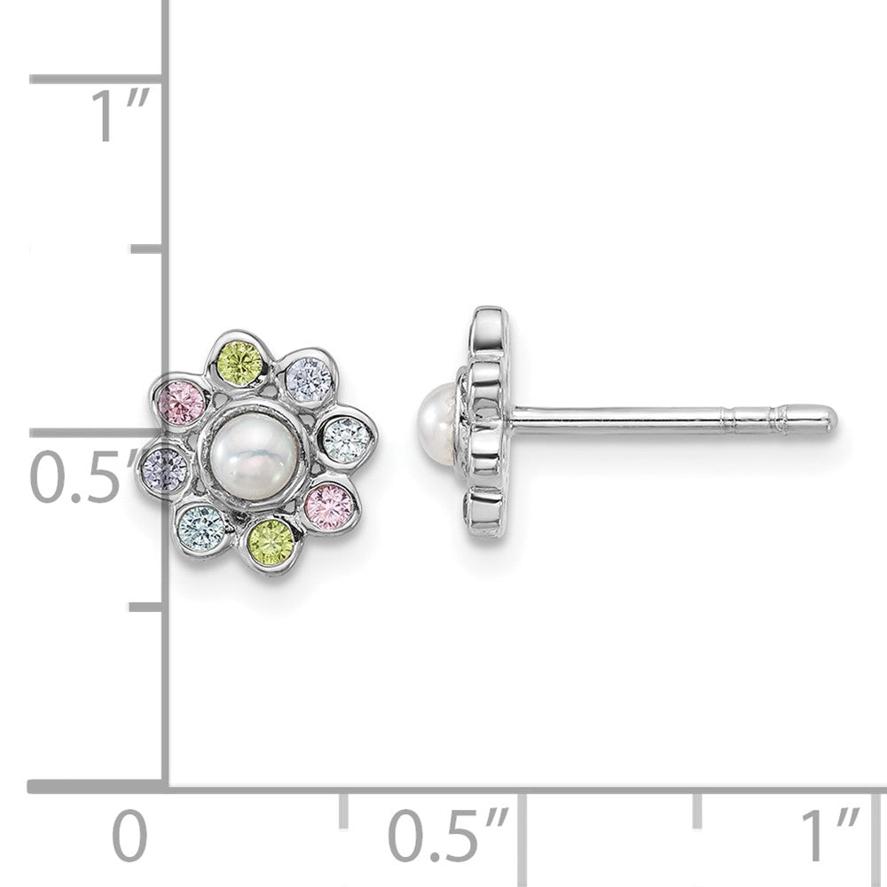 QE18266 Sterling Silver Rhodium-plated Polished Green, Pink, Blue and Purple CZ and Freshwater Cultured Pearl Flower Post Earrings