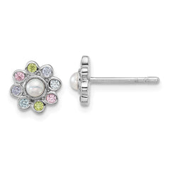 QE18266 Sterling Silver Rhodium-plated Polished Green, Pink, Blue and Purple CZ and Freshwater Cultured Pearl Flower Post Earrings