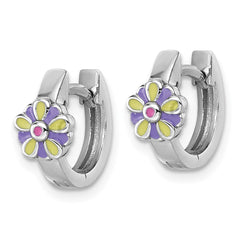 QE18269 Sterling Silver Rhodium-plated Children's Purple, Yellow and Pink Enamel Flower Hinged Hoop Earrings