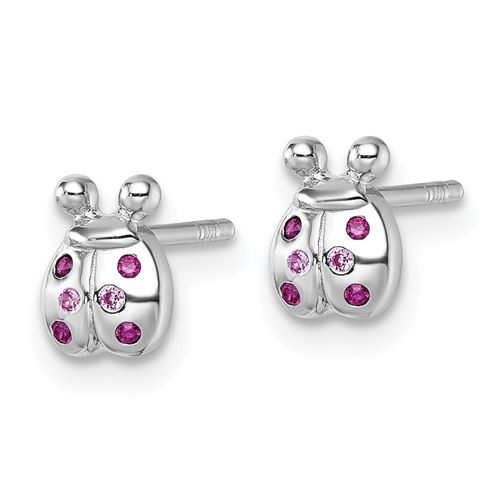 QE18273 Sterling Silver Rhodium-plated Polished Pink And Red CZ Lady Bug Post Earrings