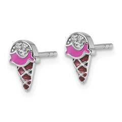 QE18274 Sterling Silver Rhodium-plated Children's Pink and Brown Enamel with CZ Ice Cream Cone Post Earrings