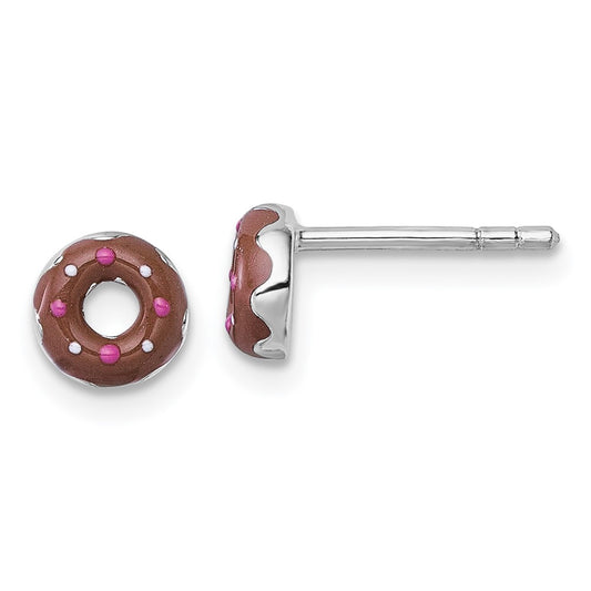 QE18275 Sterling Silver Rhodium-plated Children's Brown with Pink and White Enamel Sprinkled Donut Post Earrings