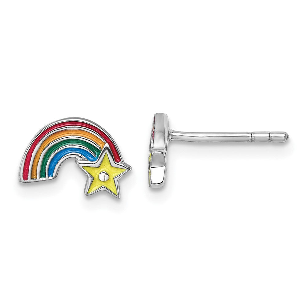 QE18277 Sterling Silver Rhodium-plated Children's Multicolor Enamel Rainbow with Star Post Earrings