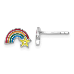 QE18277 Sterling Silver Rhodium-plated Children's Multicolor Enamel Rainbow with Star Post Earrings