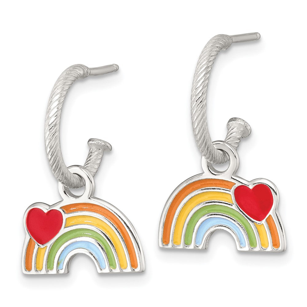 QE18278 Sterling Silver Polished Grooved Enameled Heart on Rainbow Dangle Childrens C-Hoop Post Earrings