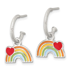 QE18278 Sterling Silver Polished Grooved Enameled Heart on Rainbow Dangle Childrens C-Hoop Post Earrings