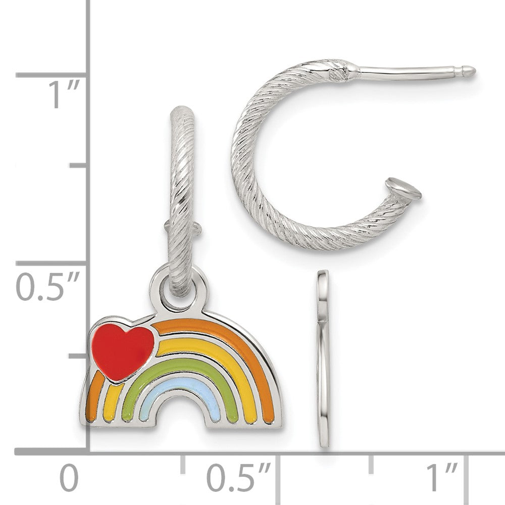 QE18278 Sterling Silver Polished Grooved Enameled Heart on Rainbow Dangle Childrens C-Hoop Post Earrings