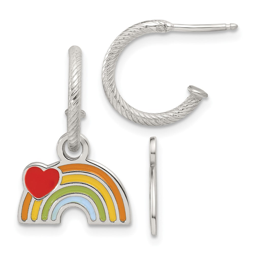 QE18278 Sterling Silver Polished Grooved Enameled Heart on Rainbow Dangle Childrens C-Hoop Post Earrings