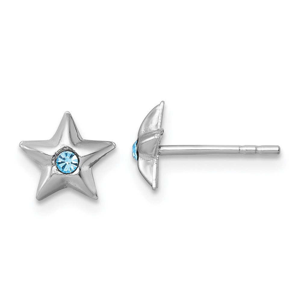 QE18279 Sterling Silver Madi K Rhodium-plated Polished Blue Crystal Center Star Childrens Post Earrings