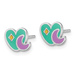 QE18280 Sterling Silver Rhodium-plated Polished Green/Pink/Yellow Enamel Heart And Moon Childrens Post Earrings