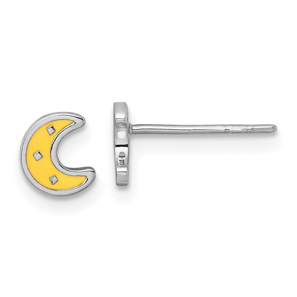 QE18281 Sterling Silver Rhodium-plated Polished Pink and Yellow Enamel Moon and Star Mismatched Childrens Post Earrings