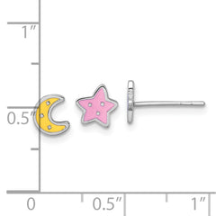 QE18281 Sterling Silver Rhodium-plated Polished Pink and Yellow Enamel Moon and Star Mismatched Childrens Post Earrings
