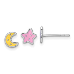 QE18281 Sterling Silver Rhodium-plated Polished Pink and Yellow Enamel Moon and Star Mismatched Childrens Post Earrings