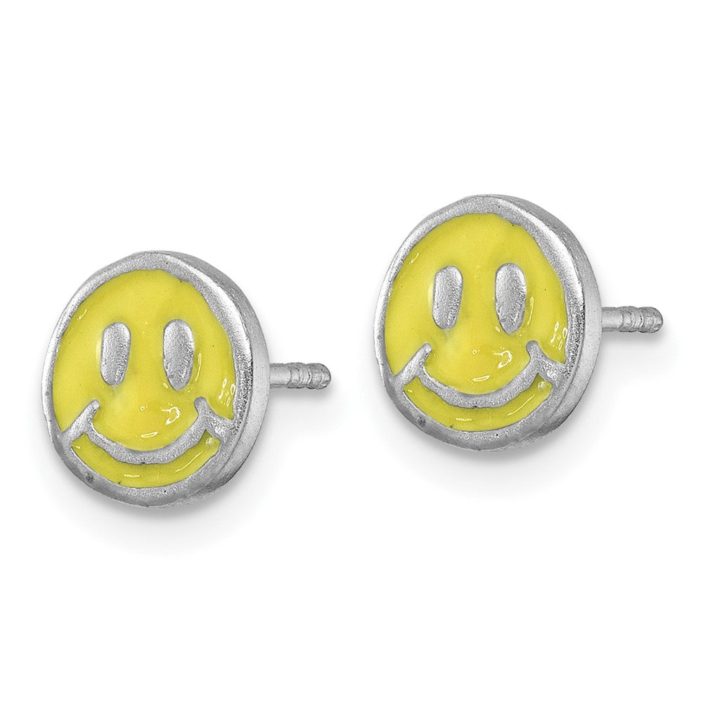 QE18282 Sterling Silver Madi K Rhodium-plated Enameled Yellow Smiley Face Childrens Post Earrings