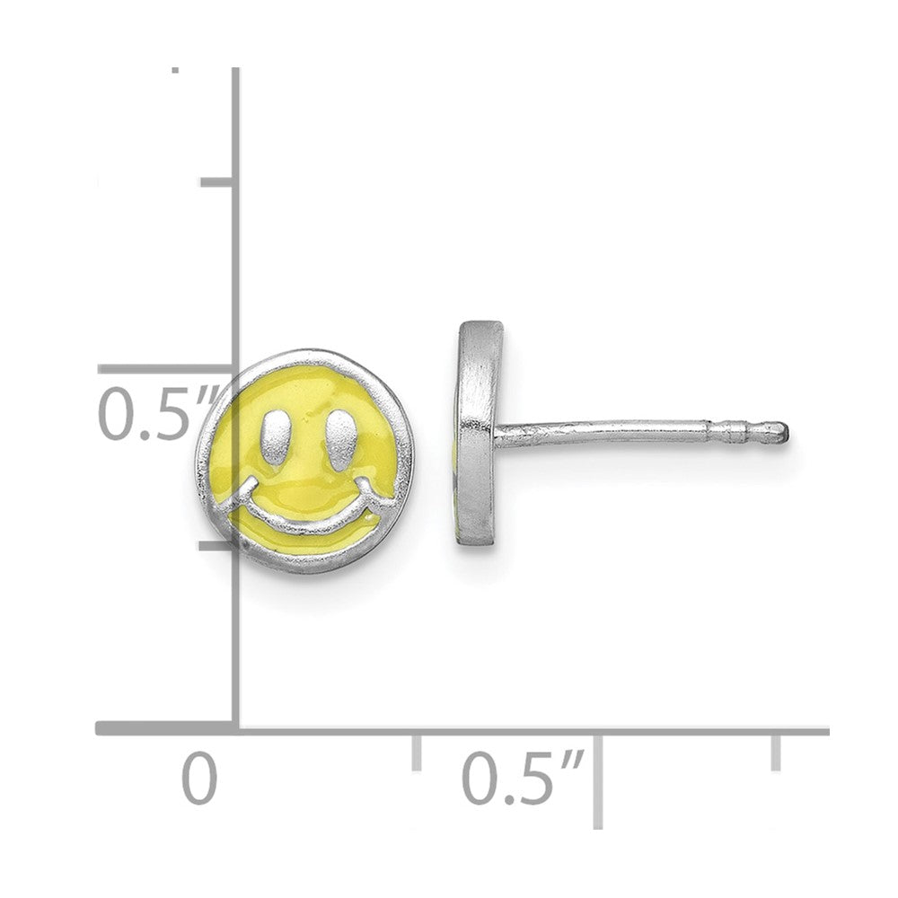 QE18282 Sterling Silver Madi K Rhodium-plated Enameled Yellow Smiley Face Childrens Post Earrings