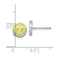 QE18282 Sterling Silver Madi K Rhodium-plated Enameled Yellow Smiley Face Childrens Post Earrings