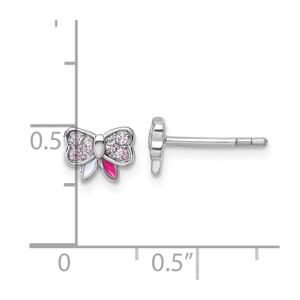 QE18283 Sterling Silver Rhodium-plated Children's Pink CZ with Pink and White Enamel Bow Post Earrings
