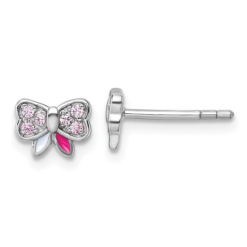 QE18283 Sterling Silver Rhodium-plated Children's Pink CZ with Pink and White Enamel Bow Post Earrings