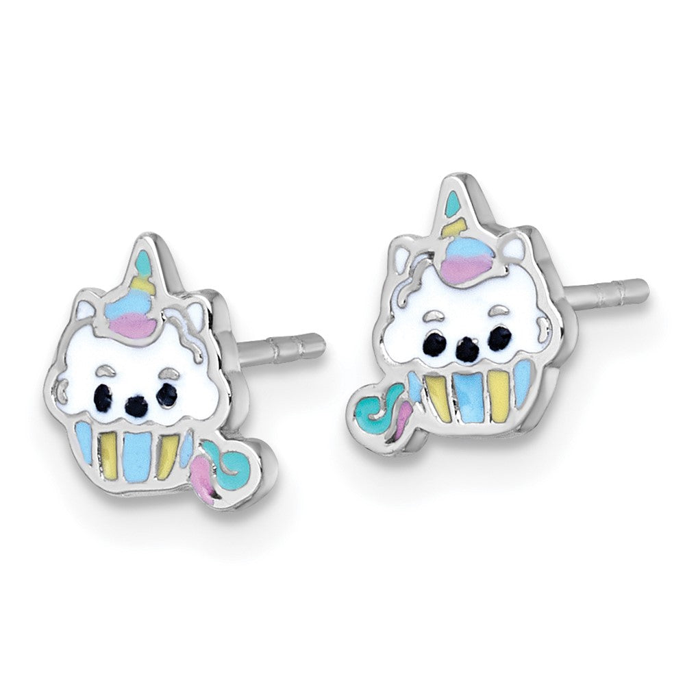 QE18284 Sterling Silver Rhodium-plated Polished White and Rainbow Enamel Unicorn Cupcake Childrens Post Earrings